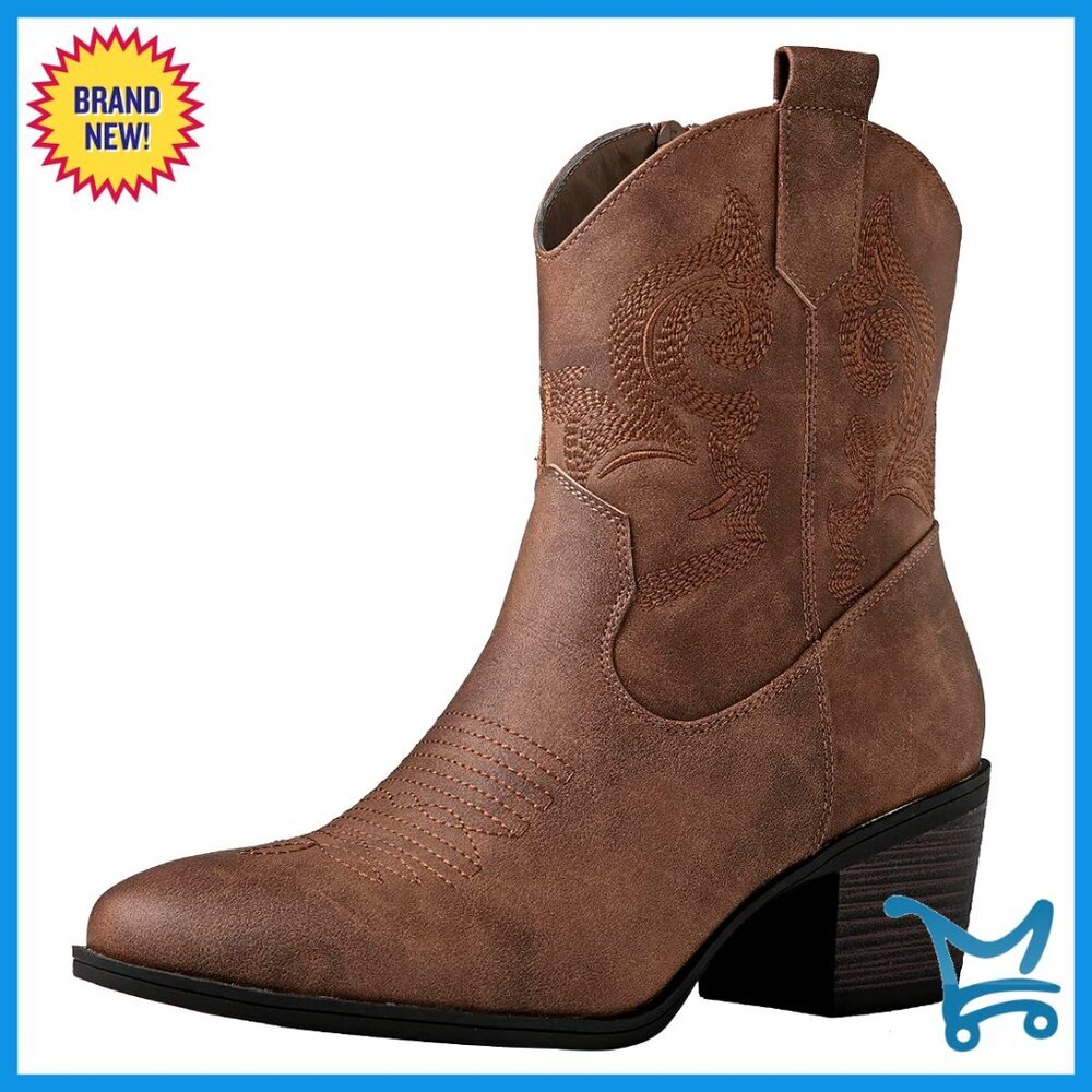 Western Cowgirl Boots Block Heel Side Zip Mid-Calf Walking Boots
